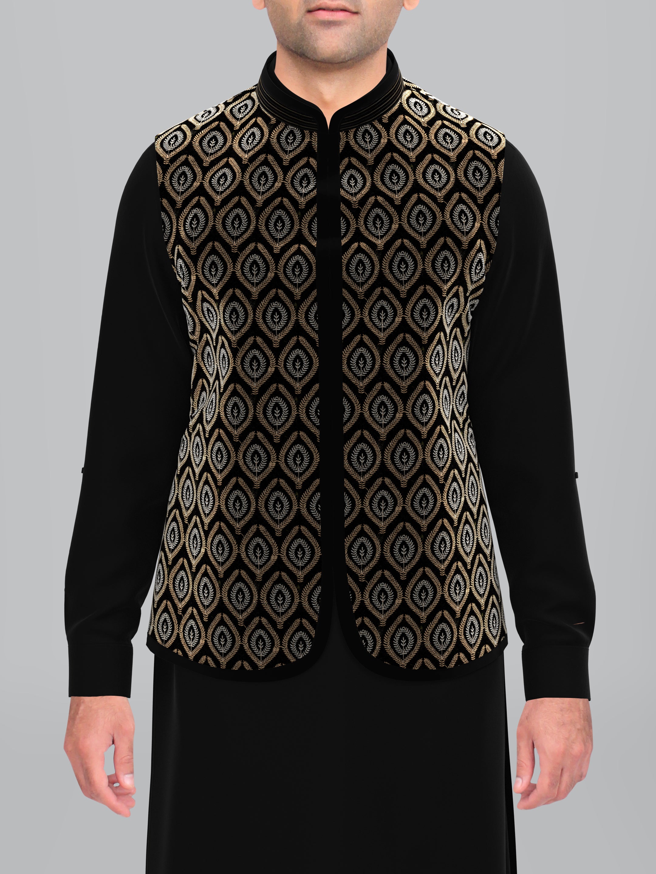 Black Velvet Embroidered Jacket Pathani Kurta Set