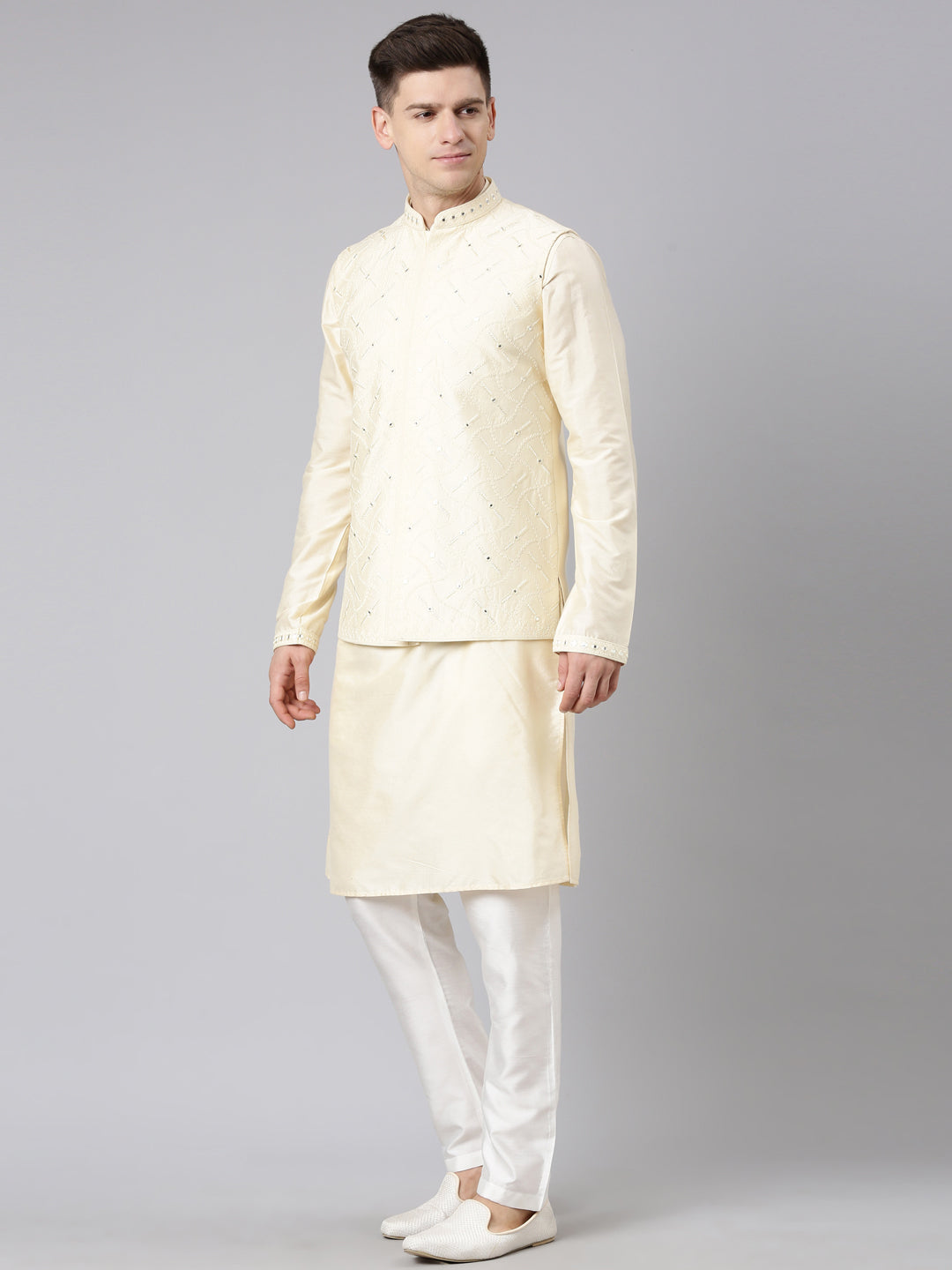 Beige Dori Embroidery Jacket Kurta Set