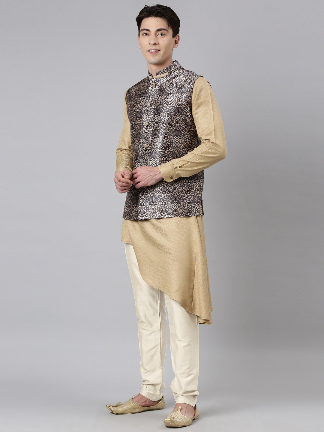 Printed Jacket with Self-design Drape Side-Open Kurta