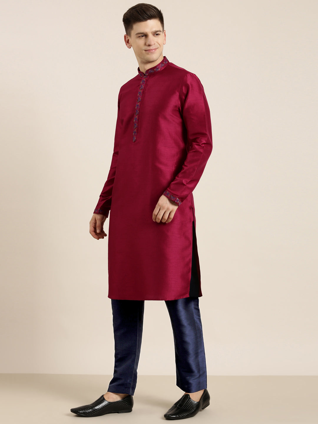 Navy Pashmina Embroidered Jacket With Maroon Kurta set