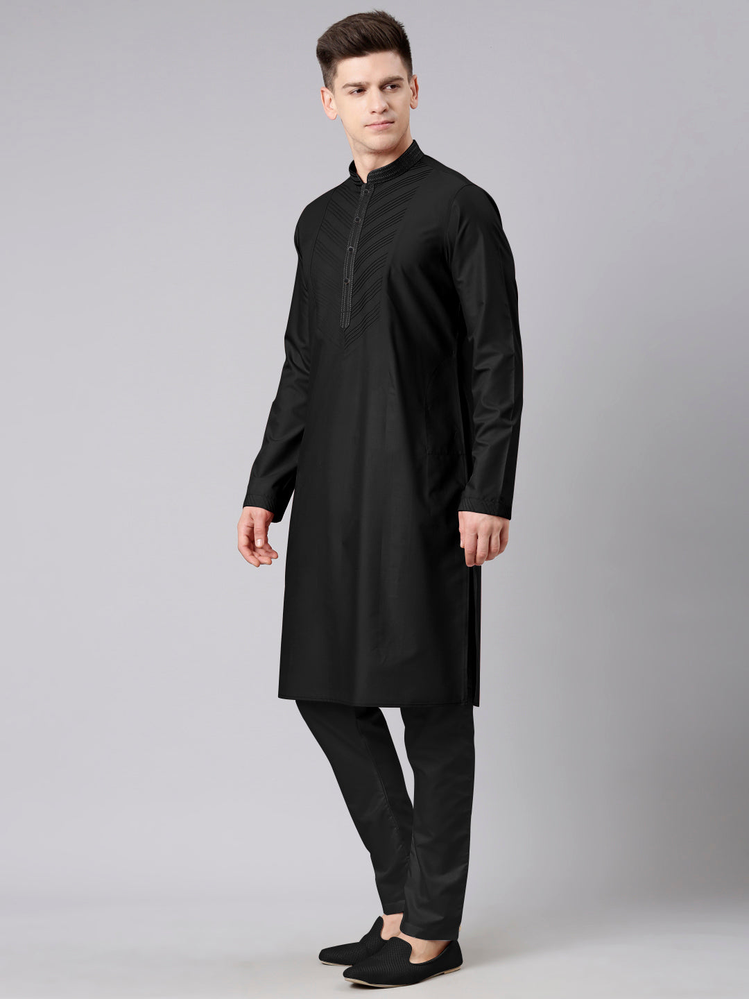 Black Pleated Cotton Kurta Set