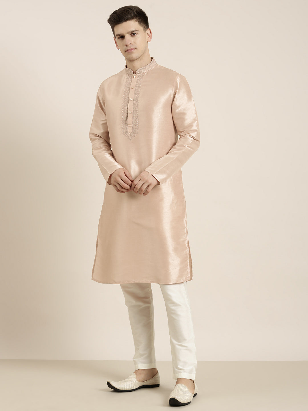 Peach Silk Embroidered Kurta Set