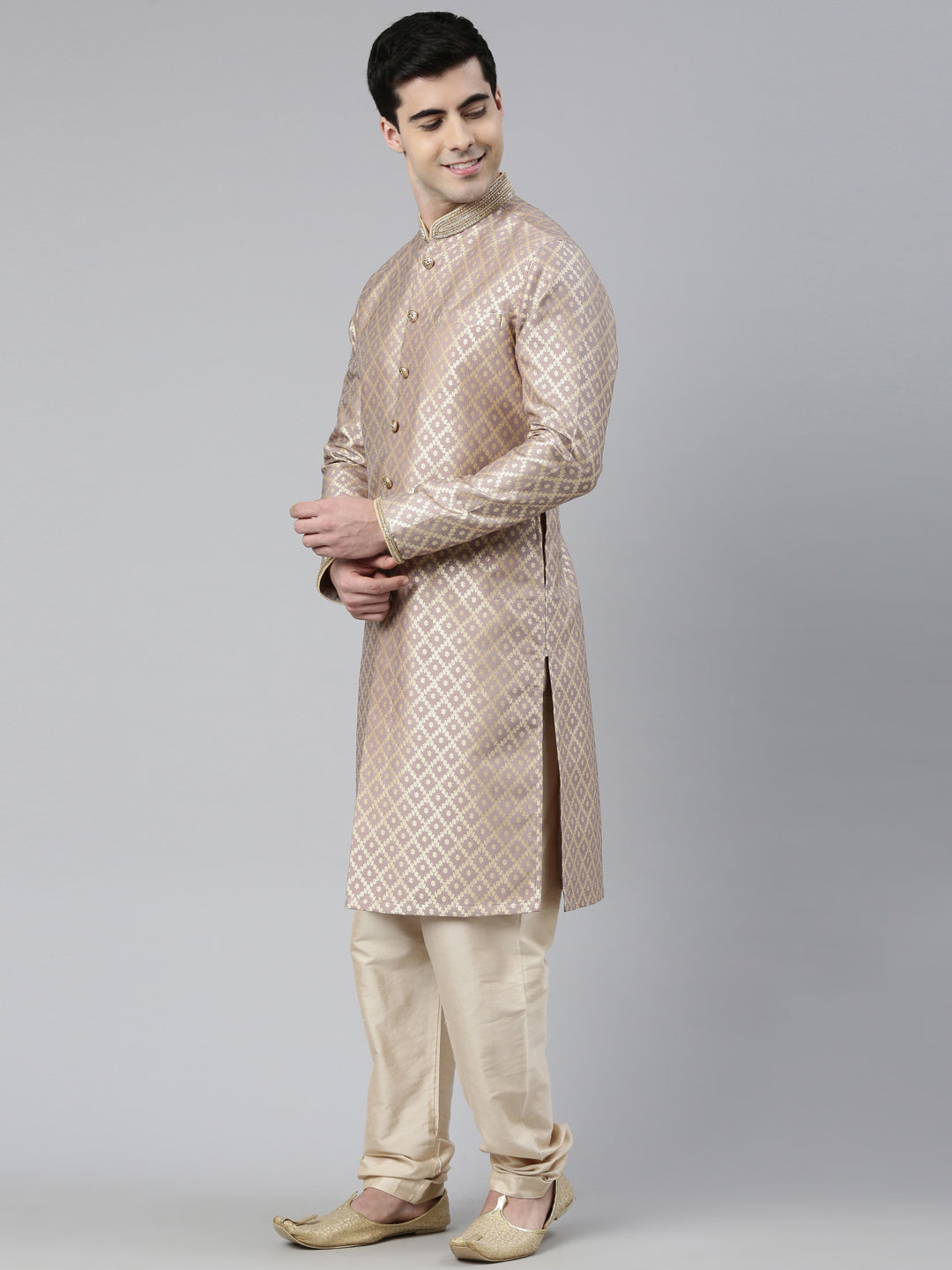 Old Rose with Golden Floral Jaal Open Kurta Set