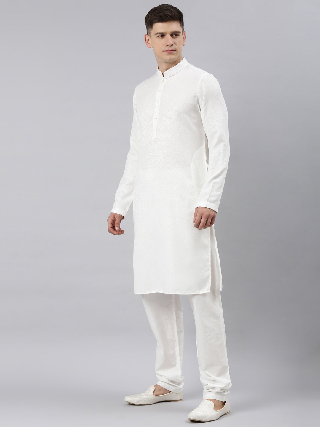 White Self Design Cotton Kurta Set
