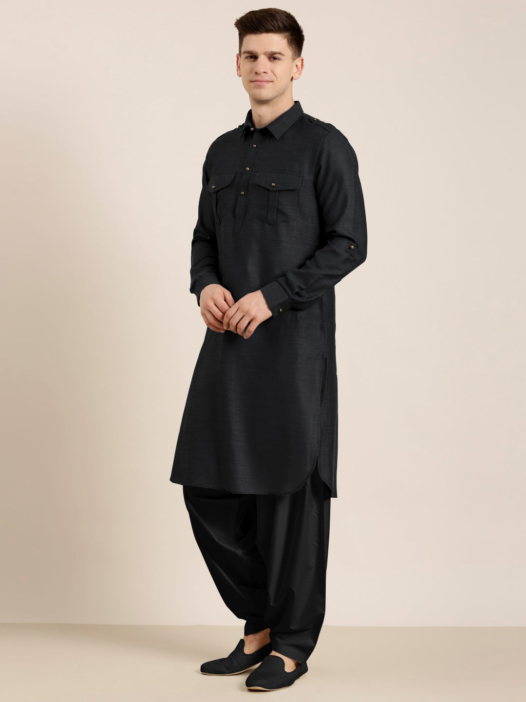 Black Cotton Pathani With Salwar