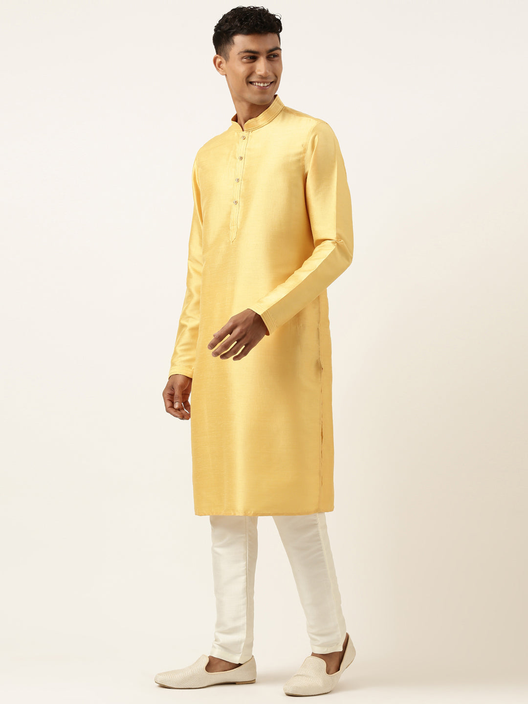 Yellow Floral Jacquard Angrakha Jacket With Beige Kurta