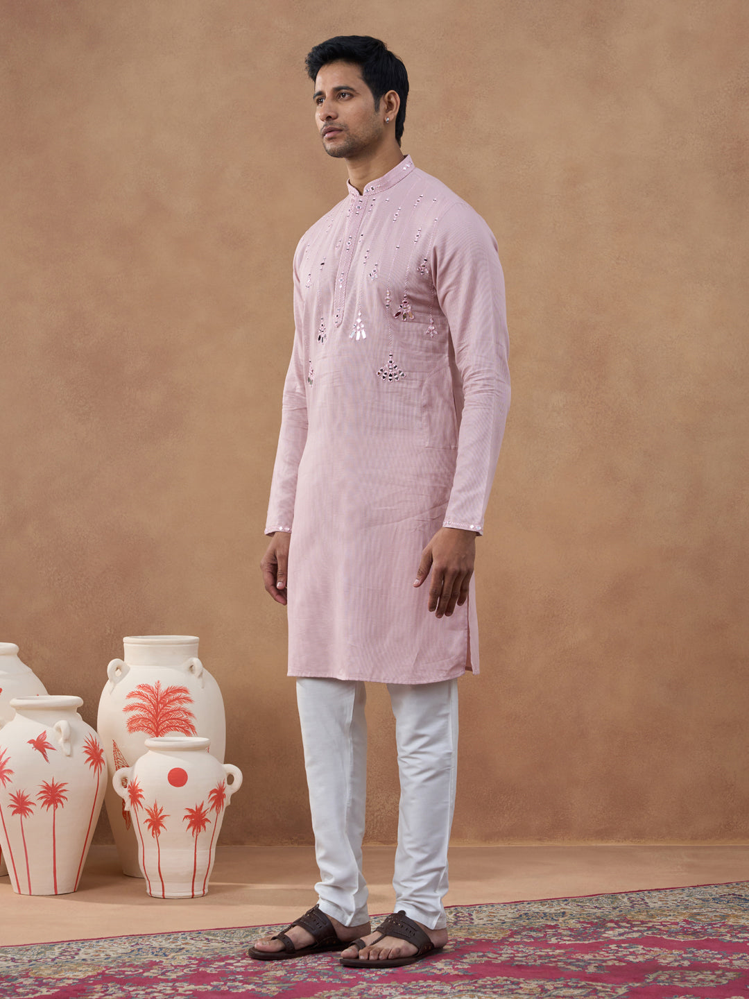 Peach Mirror Embroidered Kurta Set