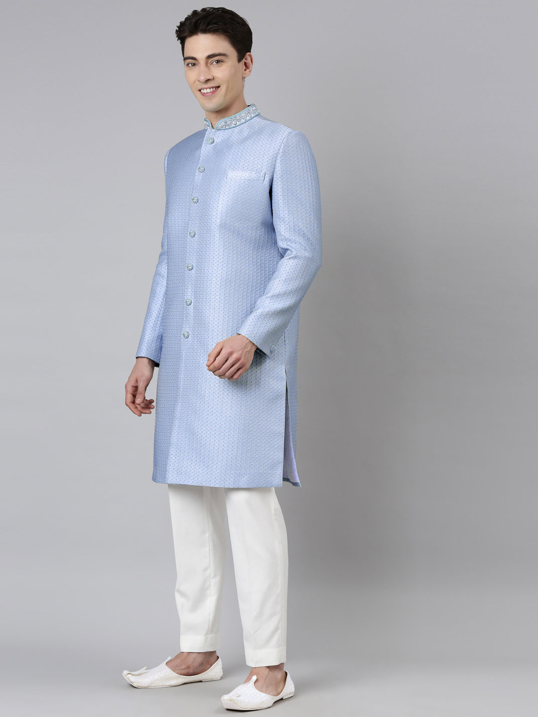 Powder Blue Jacquard Achkan