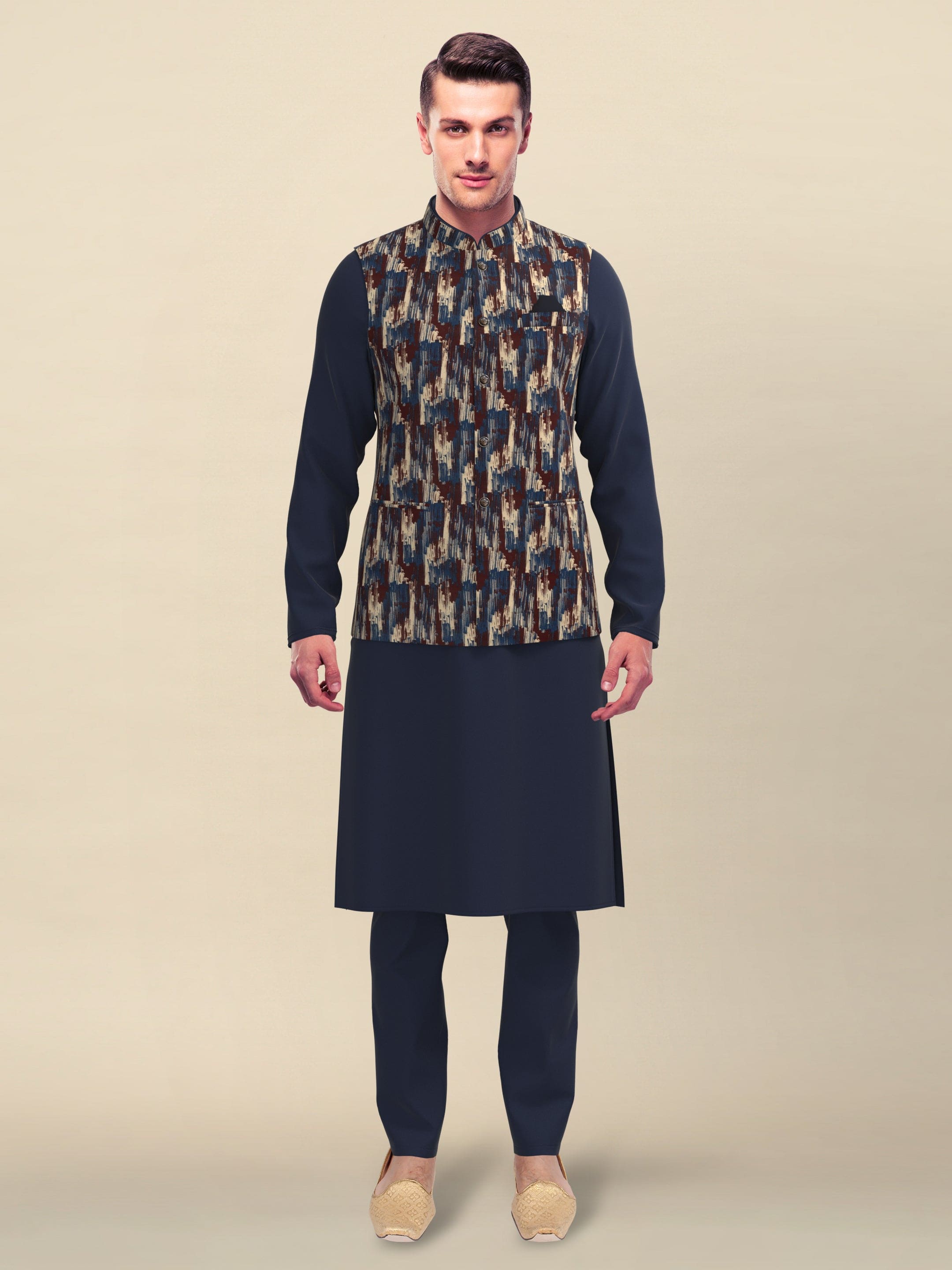 Navy Abstract print Jacket kurta Set