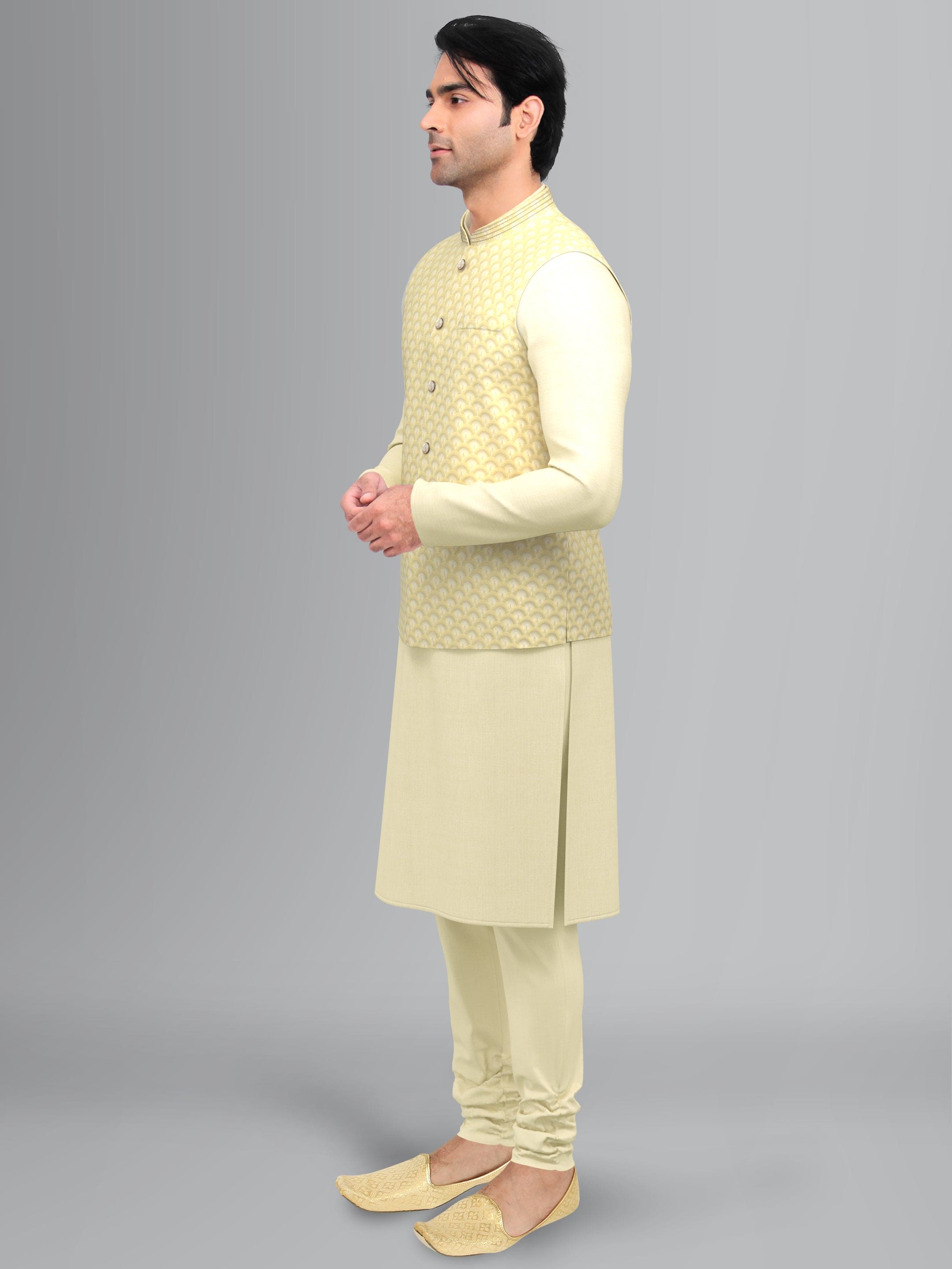 Cream Scallop Jacket with Cream Silk Kurta