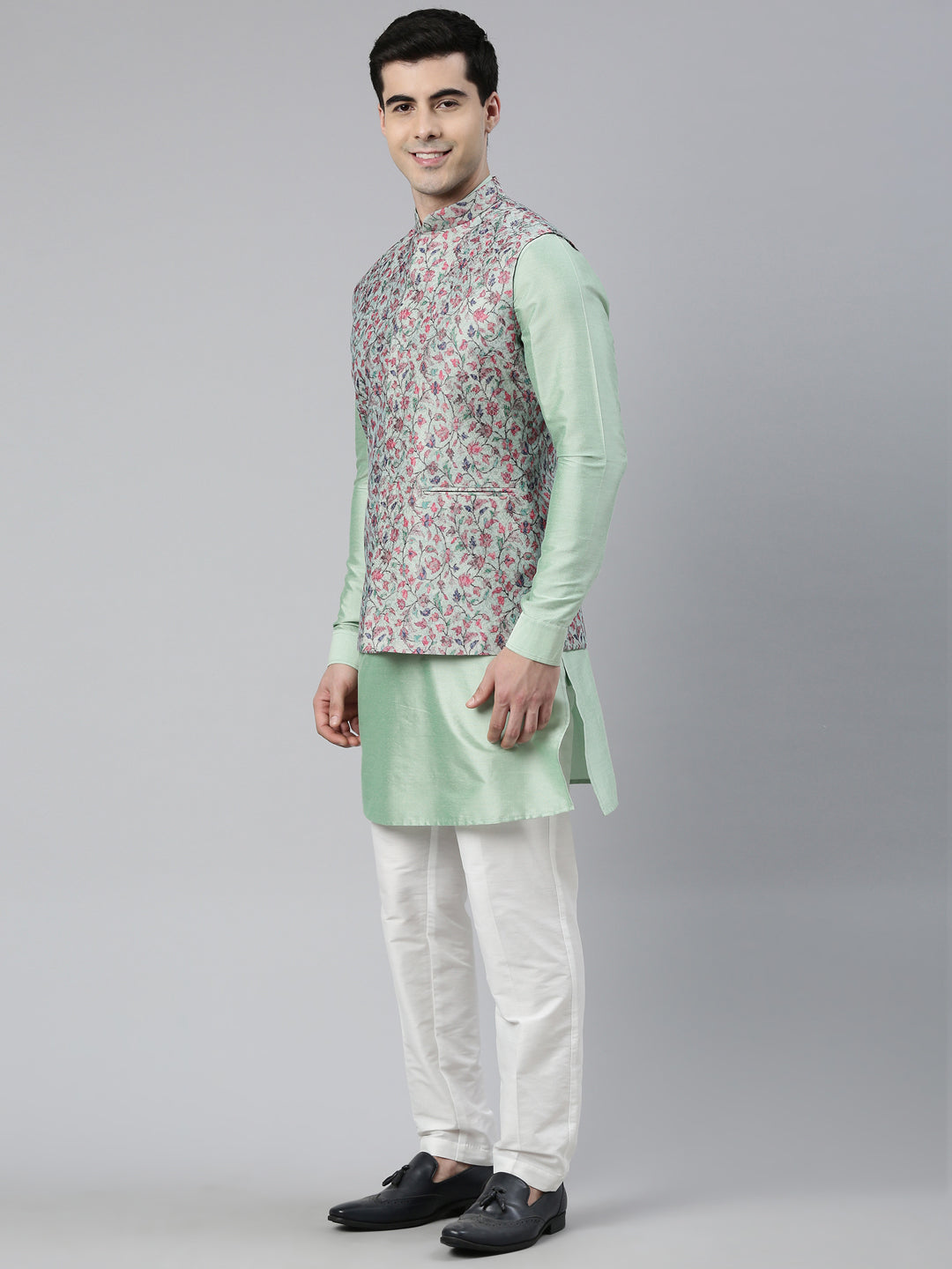 Jade Green Pashmina Print Jacket with Solid Green Short Kurta Set