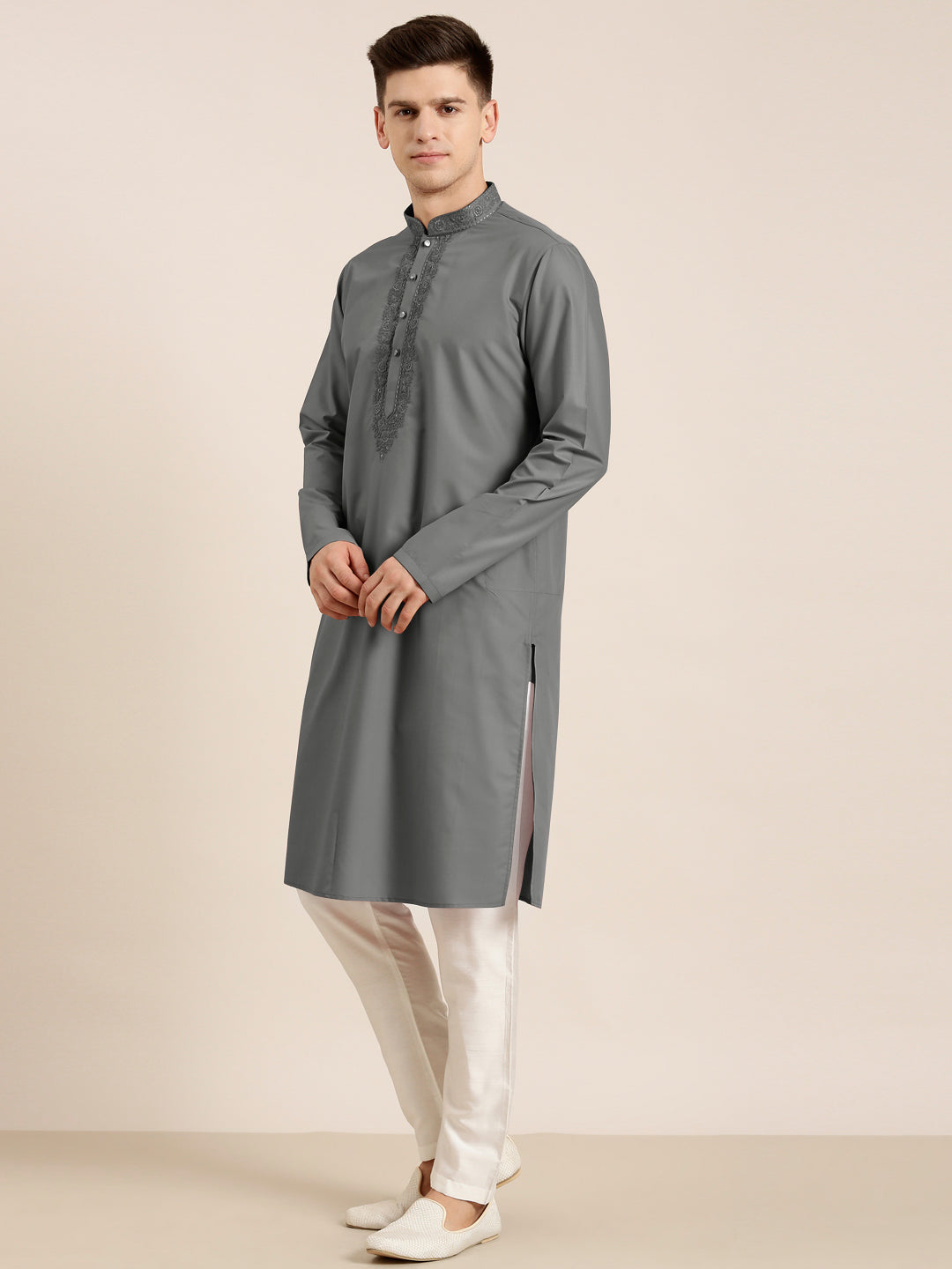 Grey Cotton Dori Embroidered Kurta Set