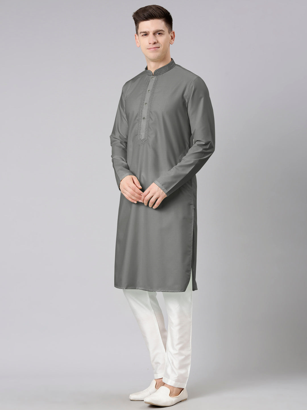 Grey Cotton Dori Embroidery Kurta Set