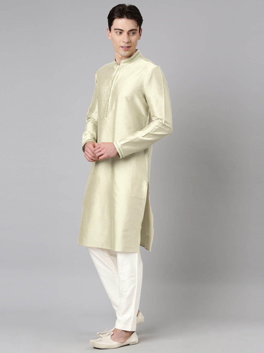 Green Jacquard Jacket With Kurta Set