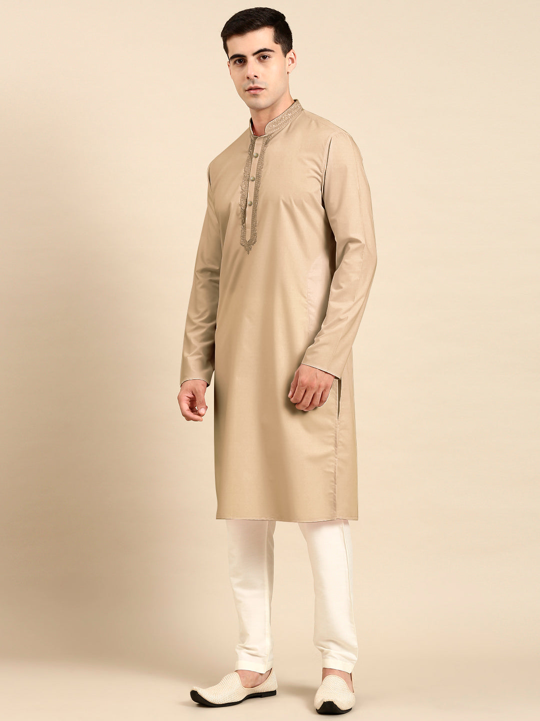 Beige Cotton Dori Embroidered Kurta Set