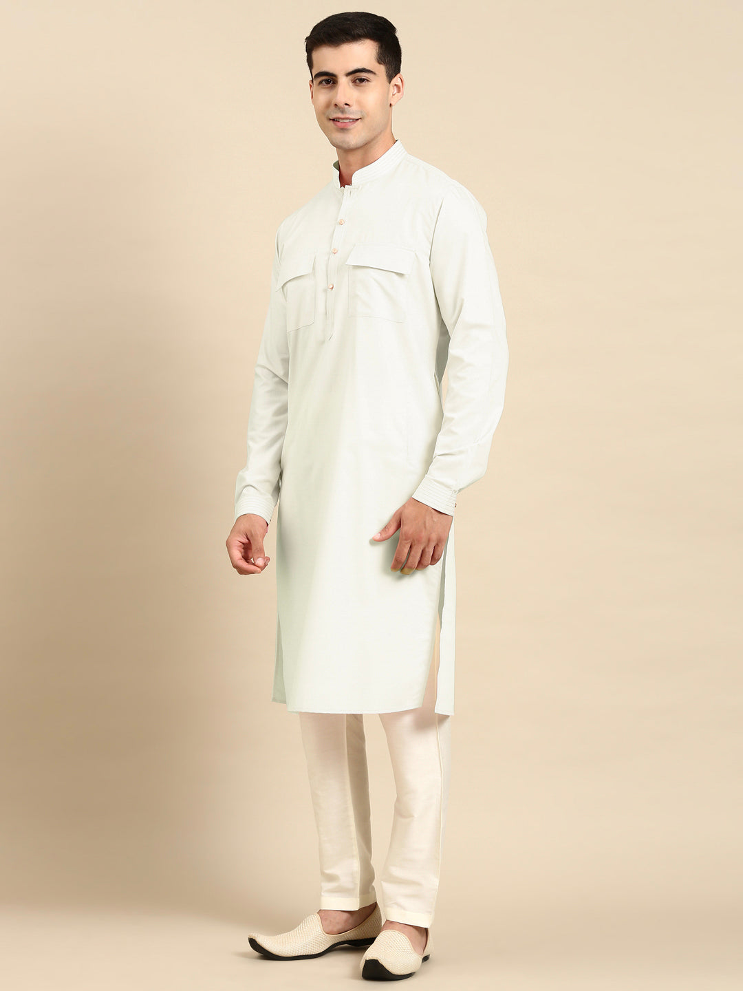 Cream Cotton Pathani Kurta Set with Patch pocket