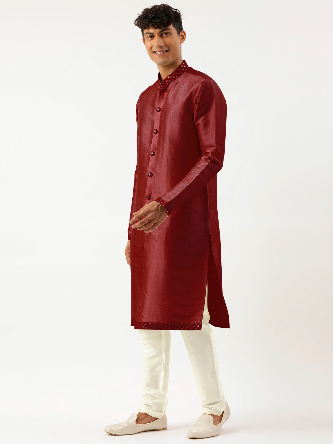 Maroon Mirror Embroidered  Indowestern With Kutra