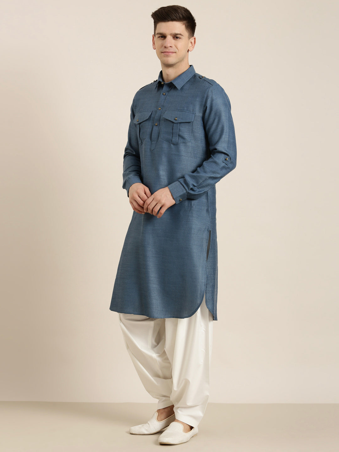 Denim Blue Cotton Pathani With Salwar