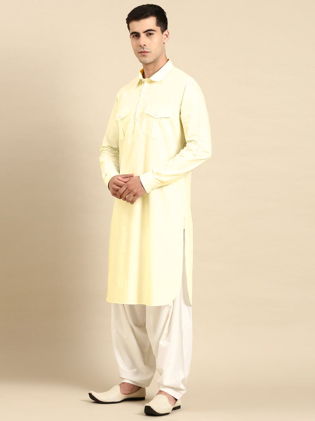 Light Yellow Fine Cotton Pathani With Salwar