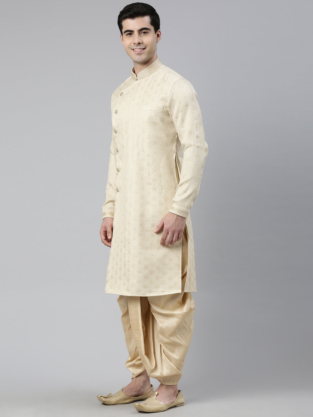 Ivory Gold Brocade Silk Open Kurta Set