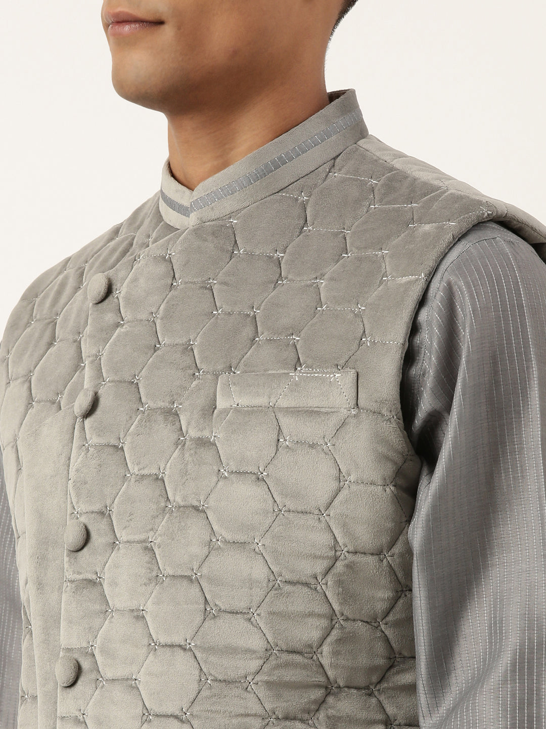 Grey Velvet Quilted Jacket Kurta Set