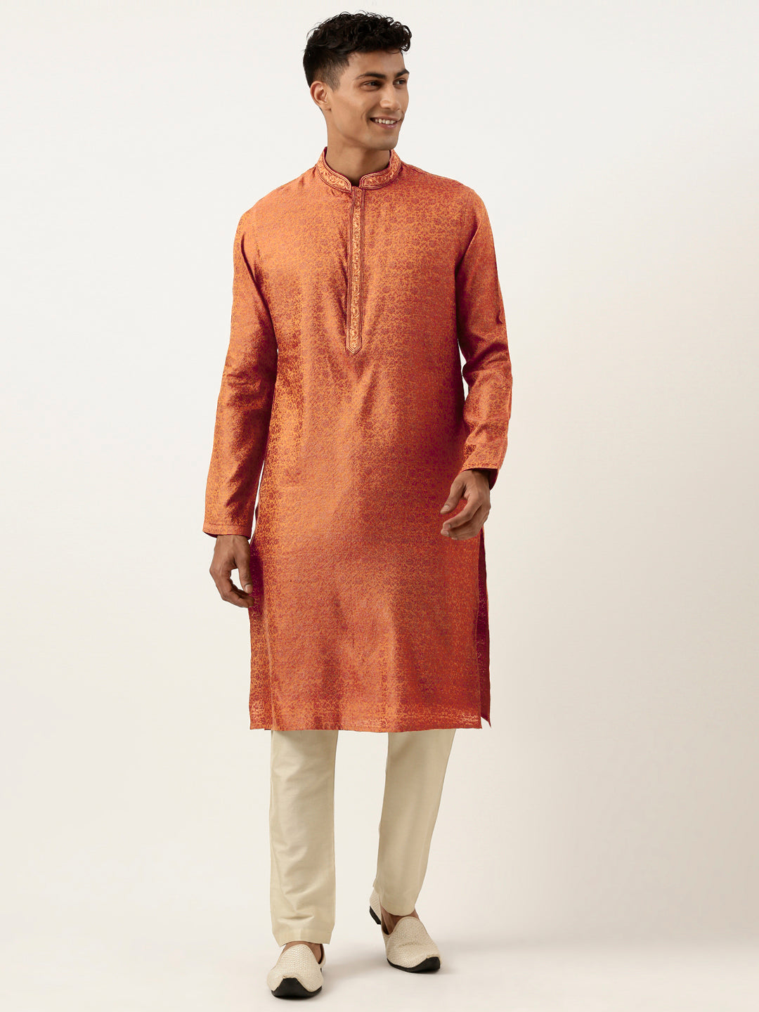 Rust Brown Jacquard Embroidered Kurta Set