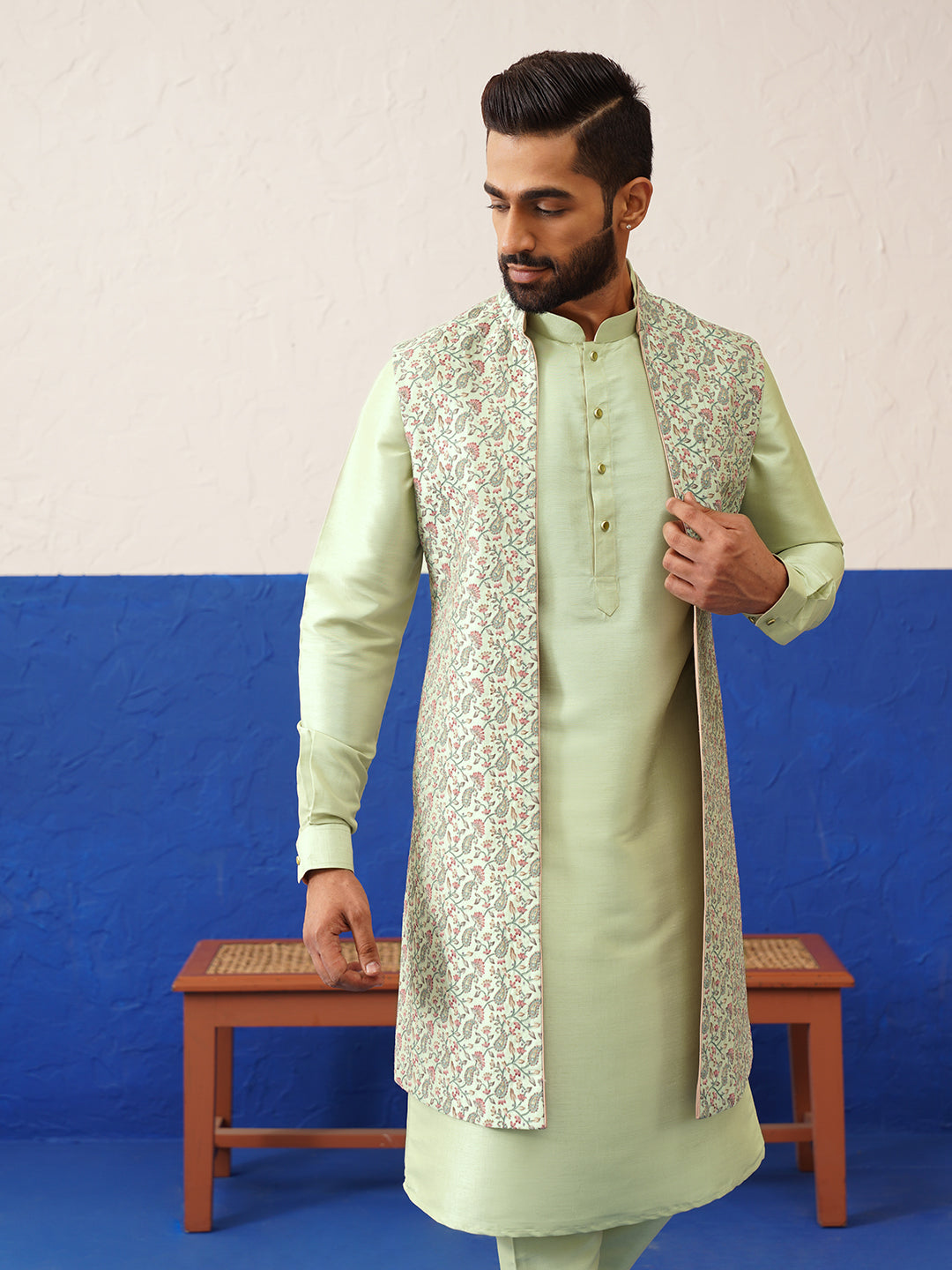 Green Printed Embroidered Jacket Kurta Set