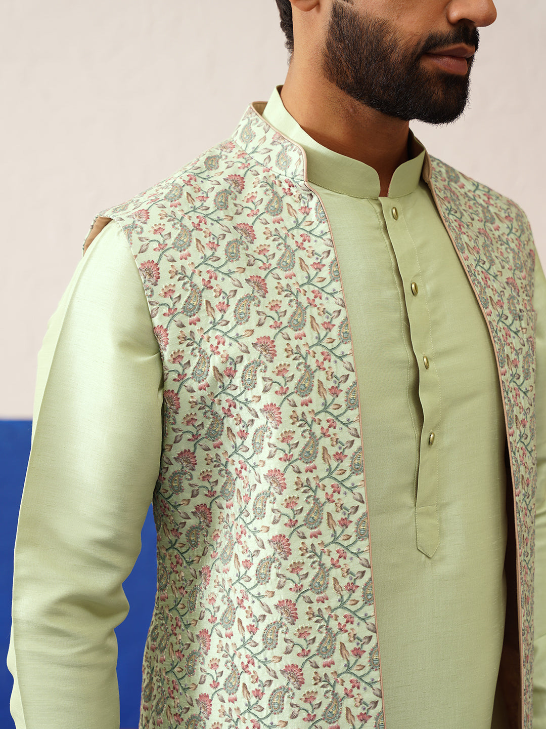 Green Printed Embroidered Jacket Kurta Set