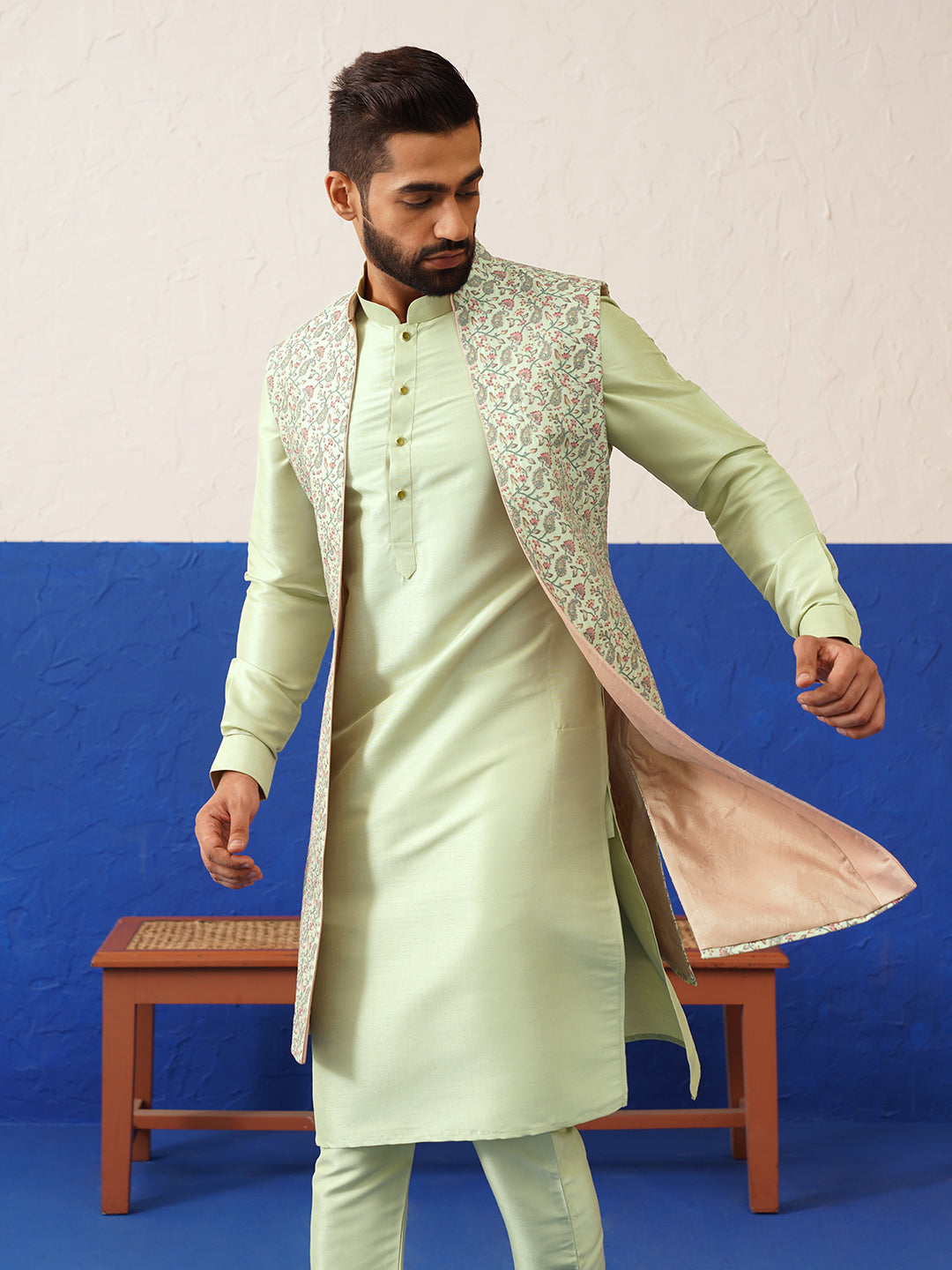 Green Printed Embroidered Jacket Kurta Set