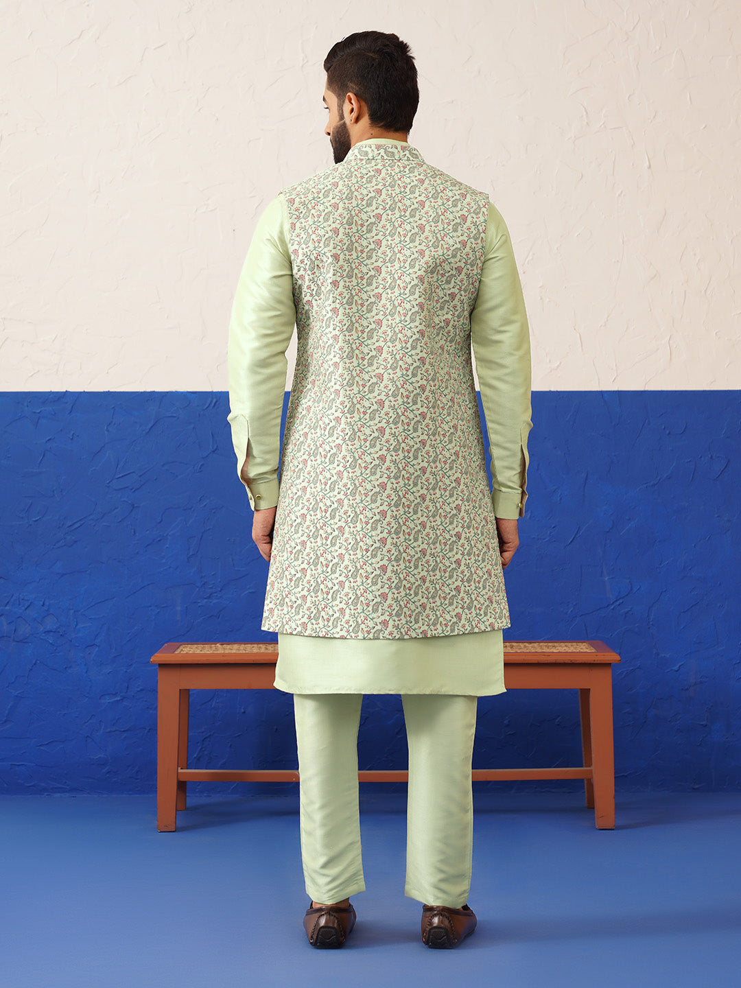 Green Printed Embroidered Jacket Kurta Set