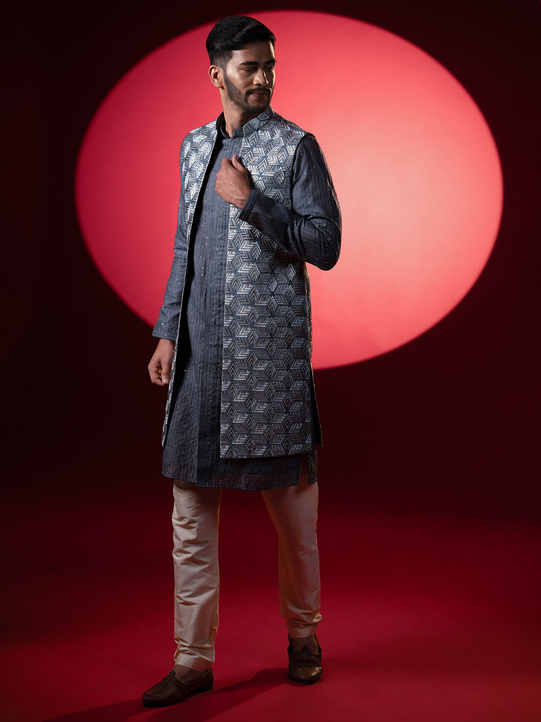 Grey Embroidered Long Jacket Kurta Set