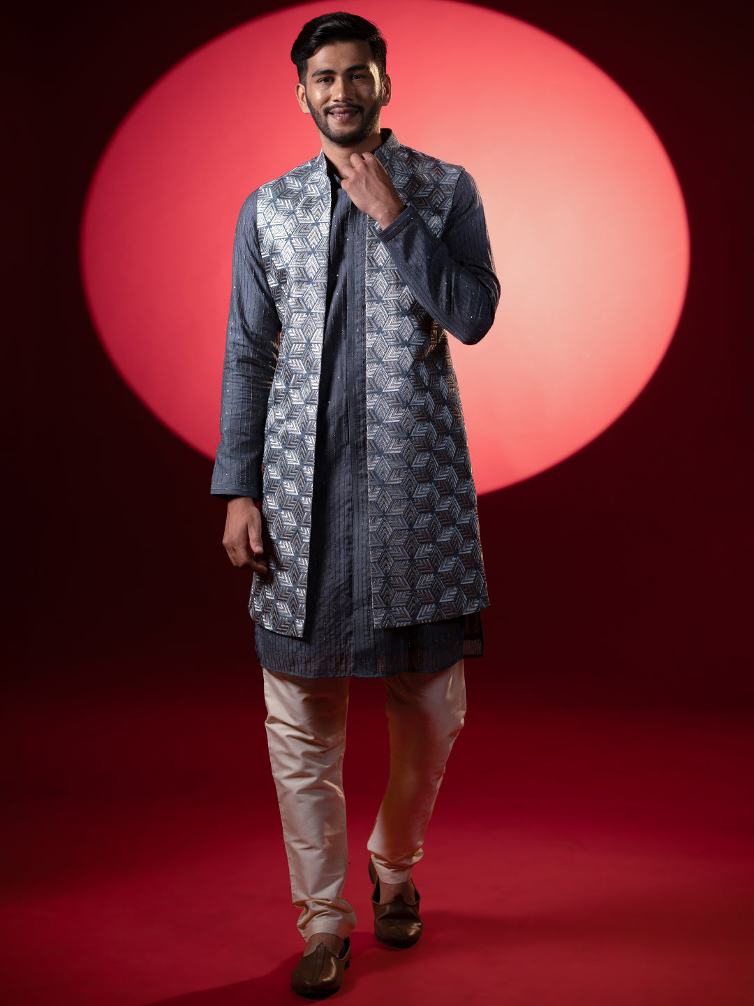 Grey Embroidered Long Jacket Kurta Set