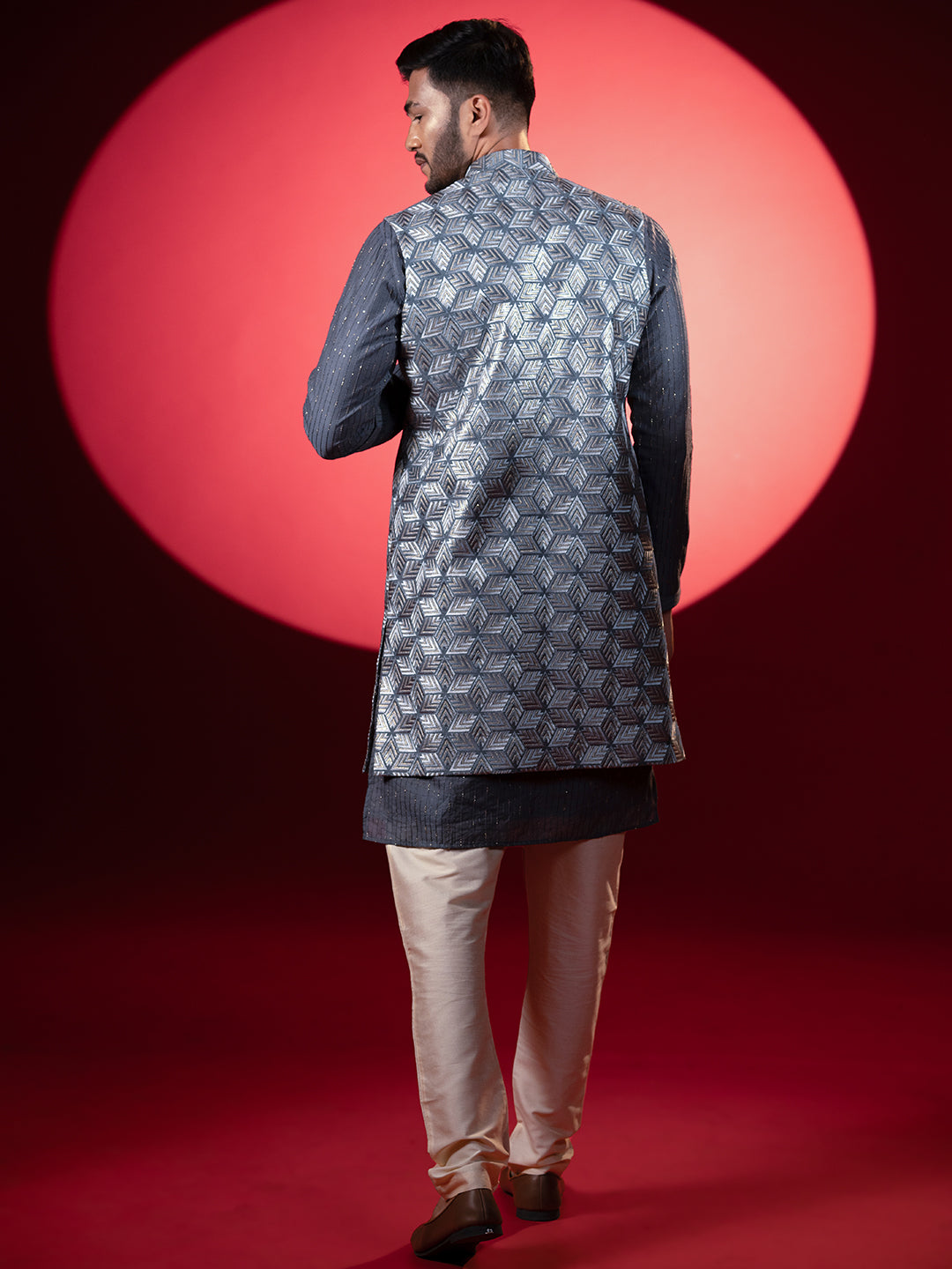 Grey Embroidered Long Jacket Kurta Set