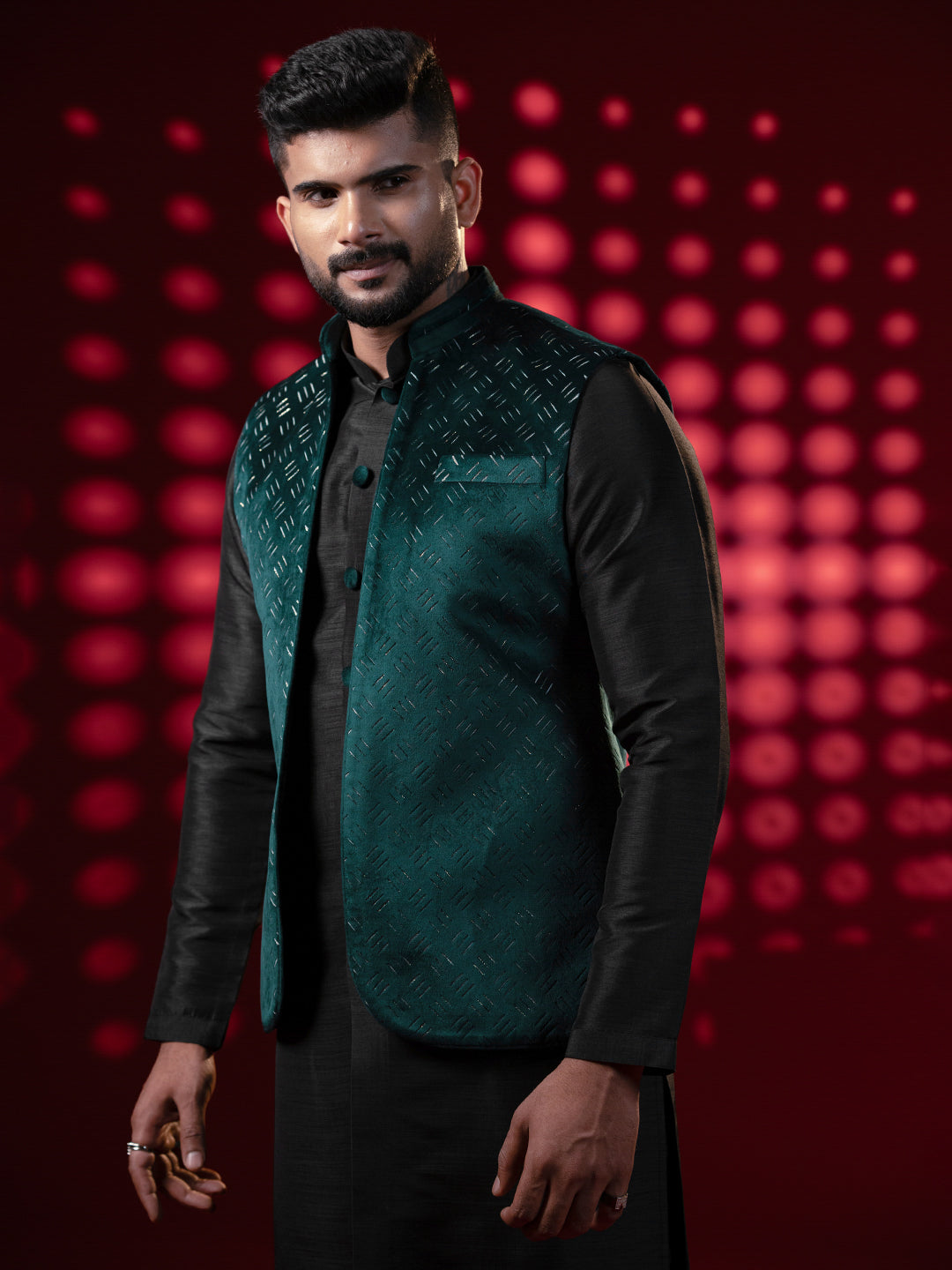 Bottle Green Lazer Cut Jacket Kurta Set