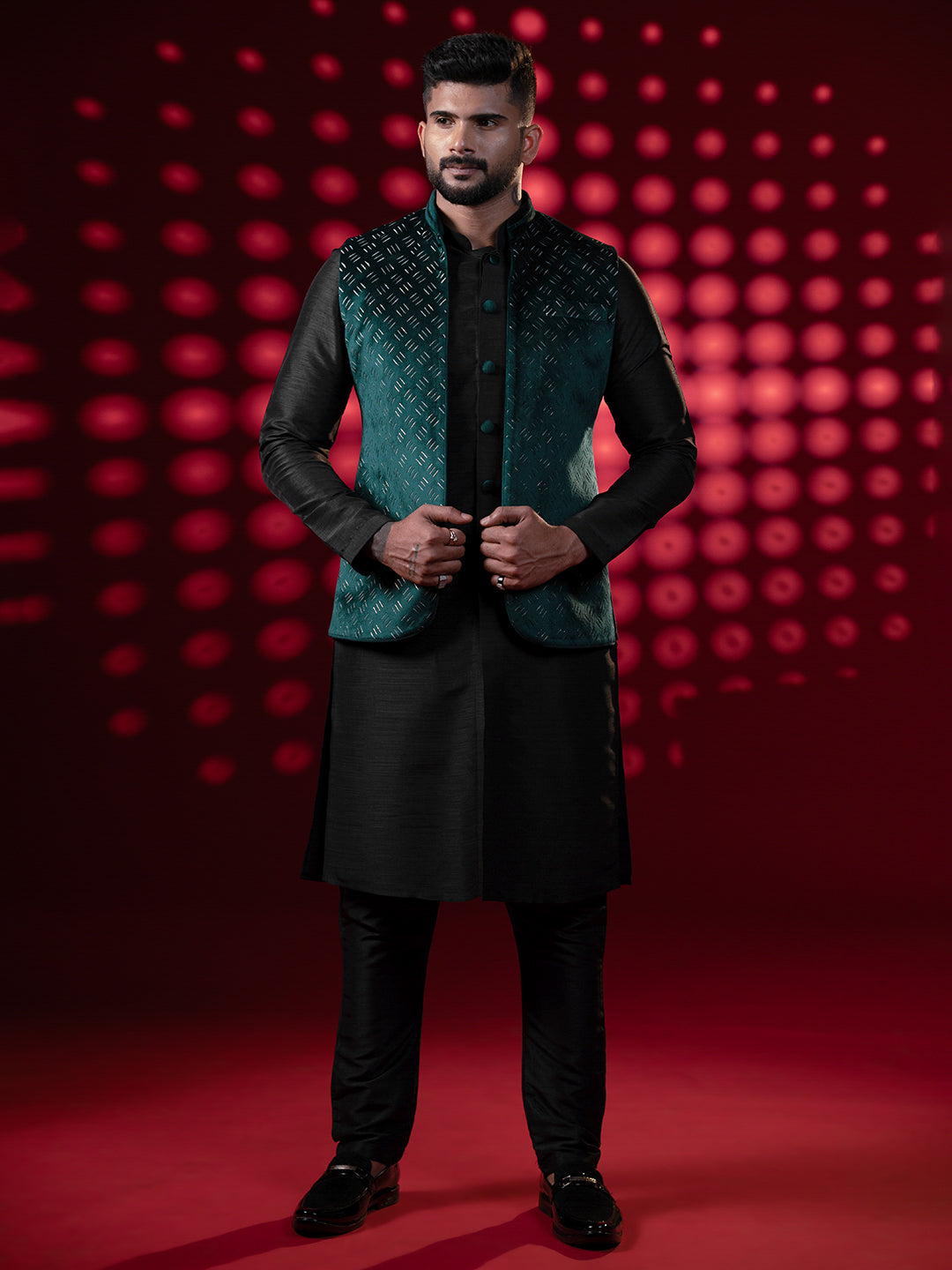 Bottle Green Lazer Cut Jacket Kurta Set