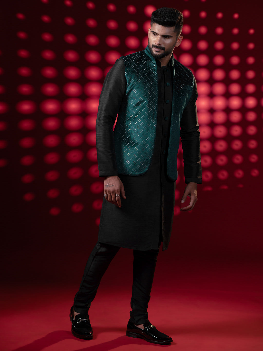 Bottle Green Lazer Cut Jacket Kurta Set