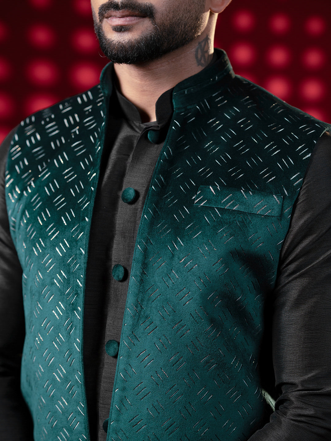 Bottle Green Lazer Cut Jacket Kurta Set