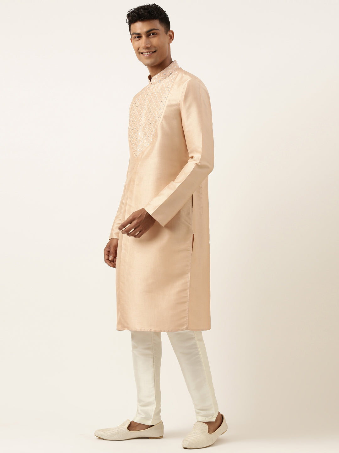 Peach Embroidery Angrakha Kurta Set