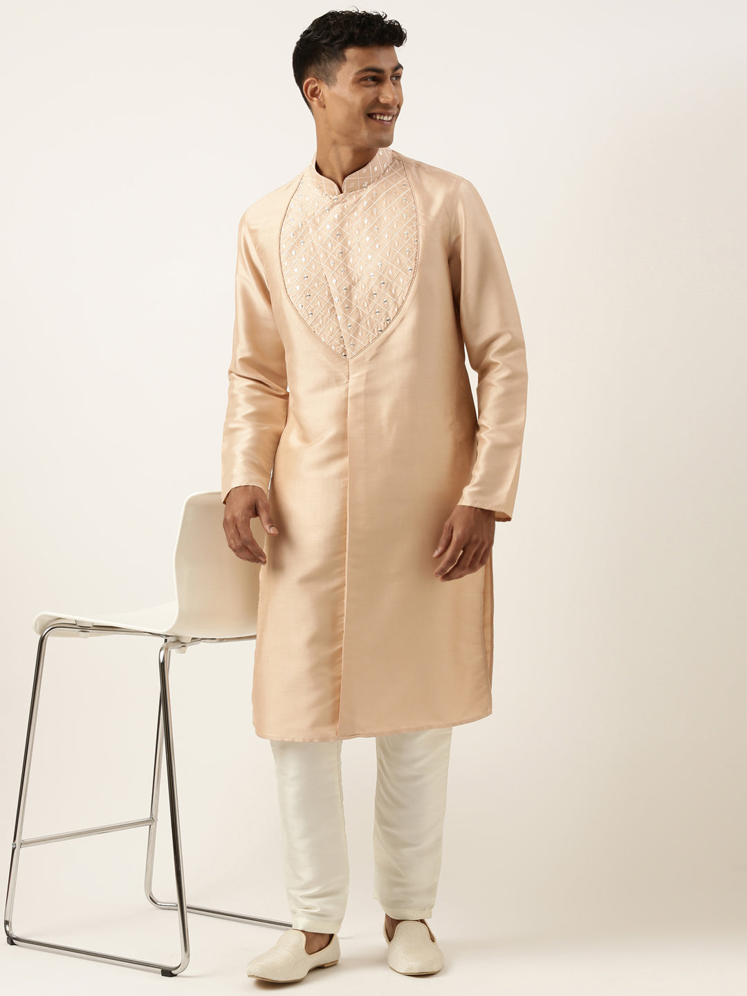 Peach Embroidery Angrakha Kurta Set