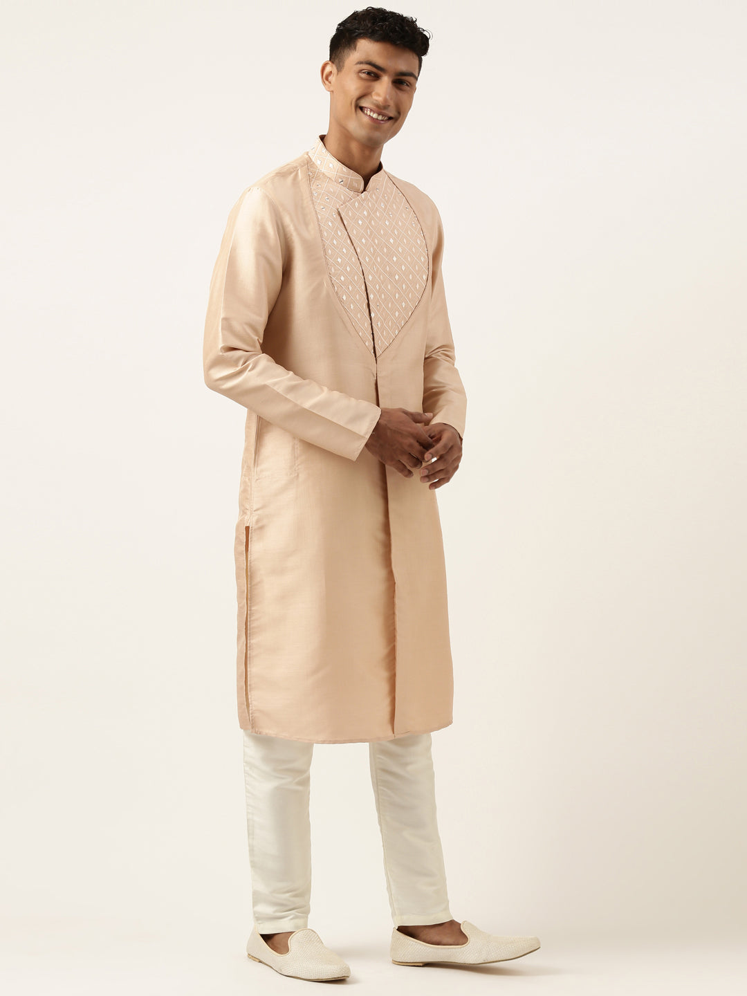 Peach Embroidery Angrakha Kurta Set