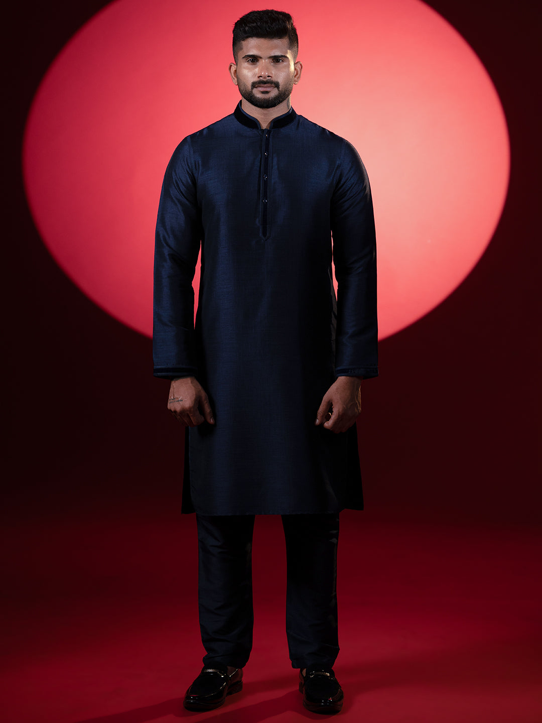 Navy Silk Embroidered Jacket Kurta Set