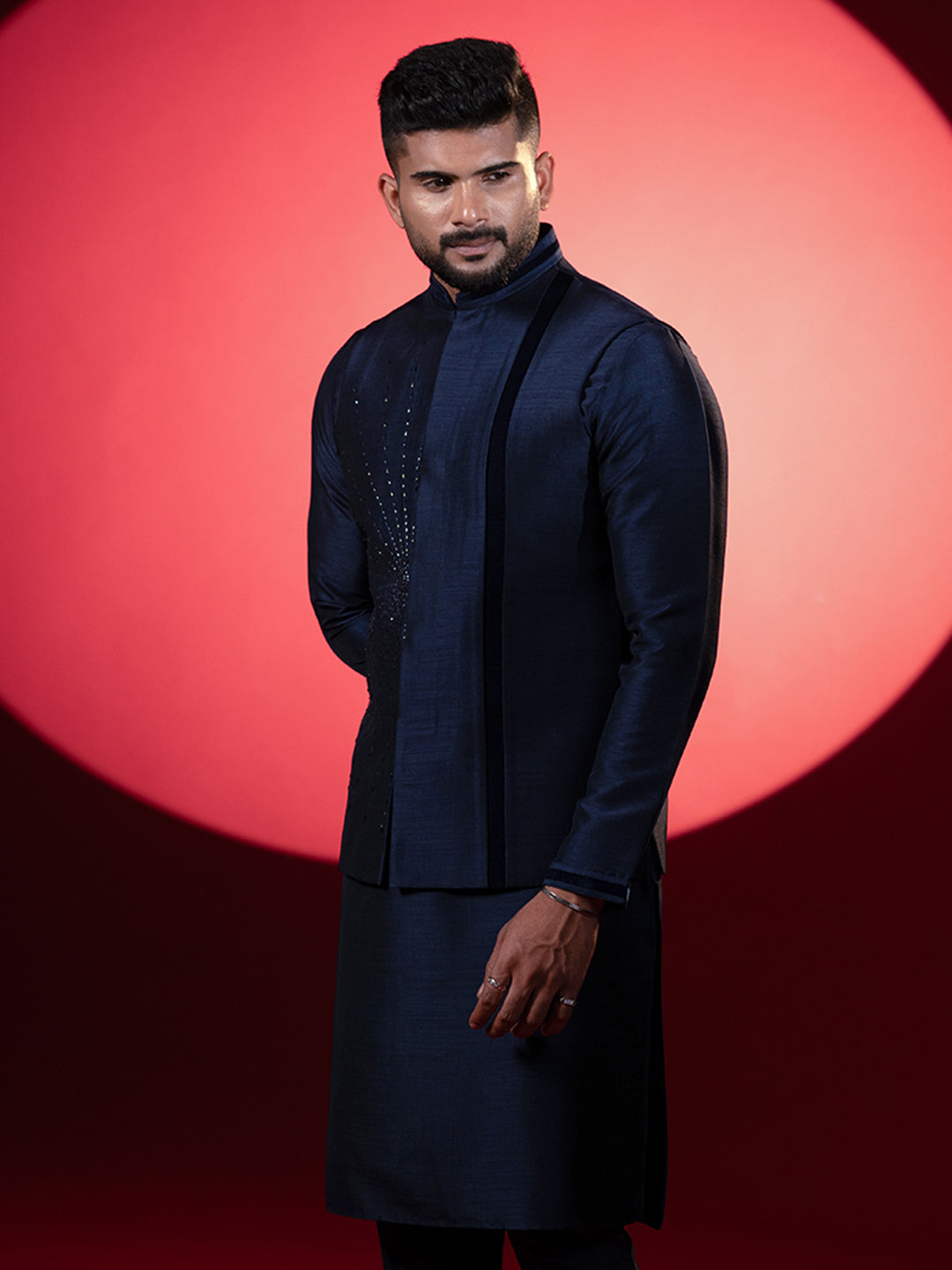 Navy Silk Embroidered Jacket Kurta Set