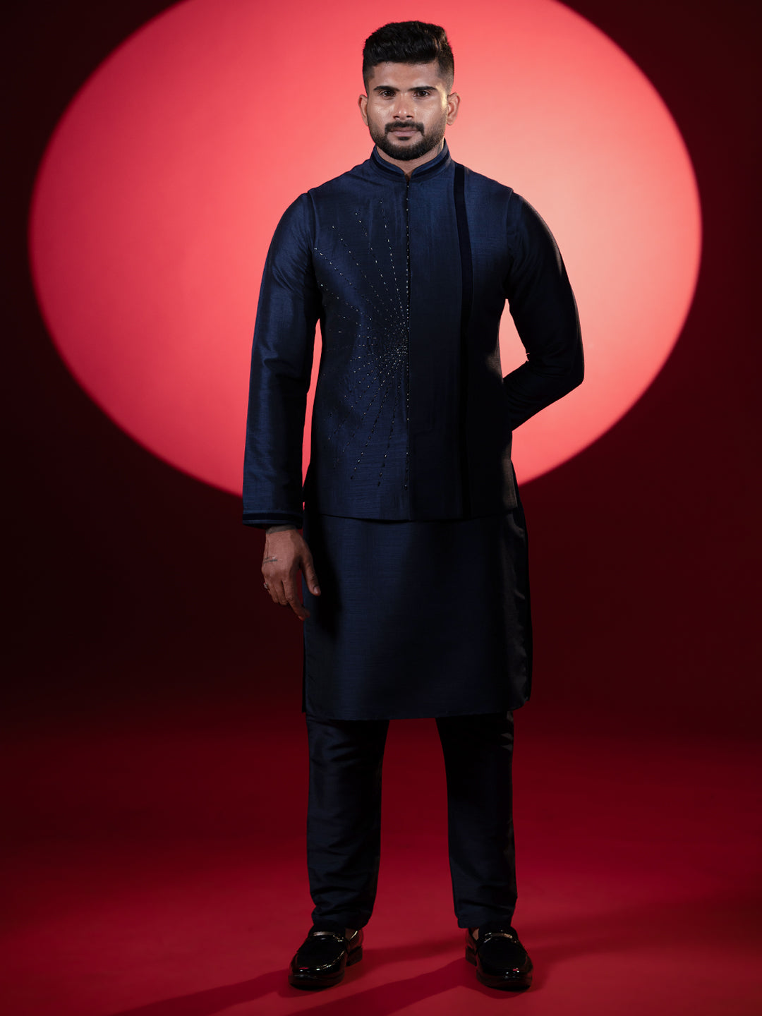 Navy Silk Embroidered Jacket Kurta Set