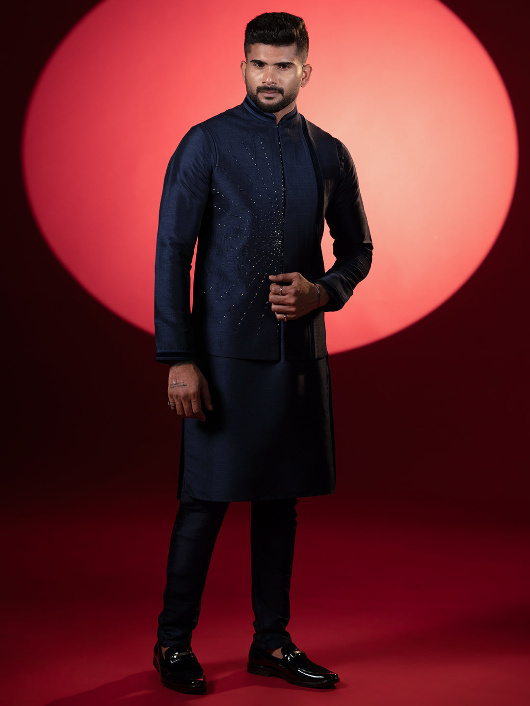 Navy Silk Embroidered Jacket Kurta Set