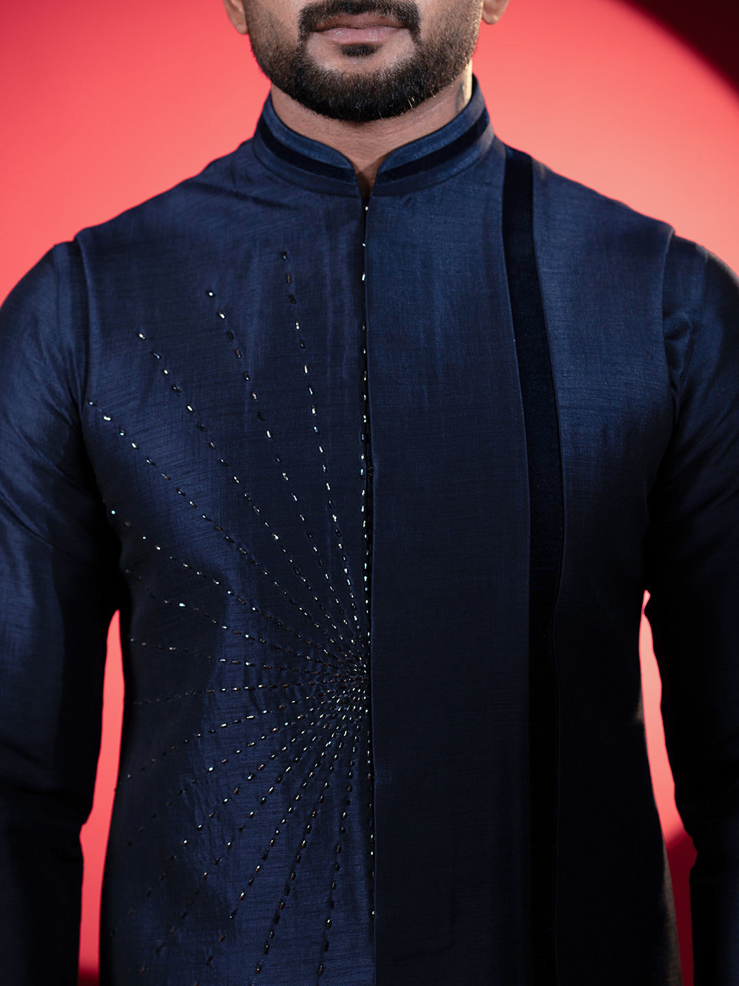 Navy Silk Embroidered Jacket Kurta Set