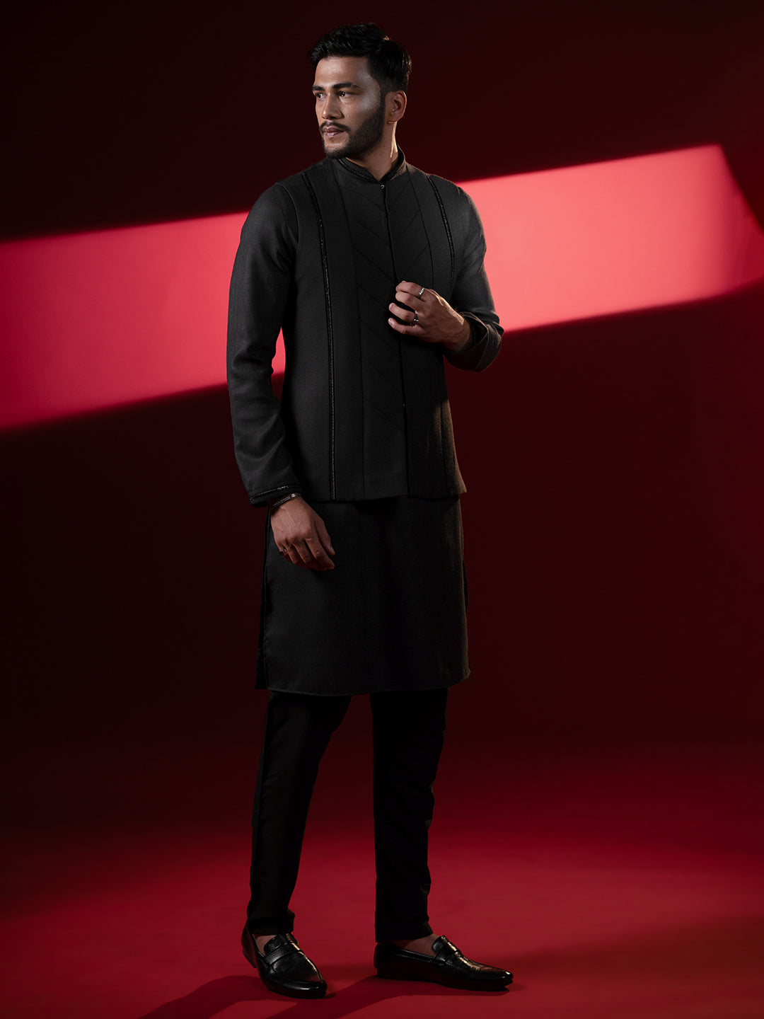 Black Cotton Pintux Jacket Kurta Set