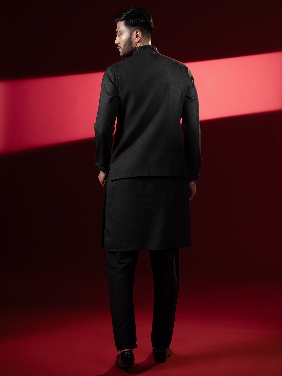 Black Cotton Pintux Jacket Kurta Set