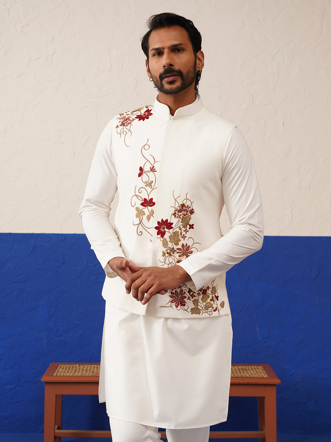 White Cotton Embroidered Jacket Kurta Set