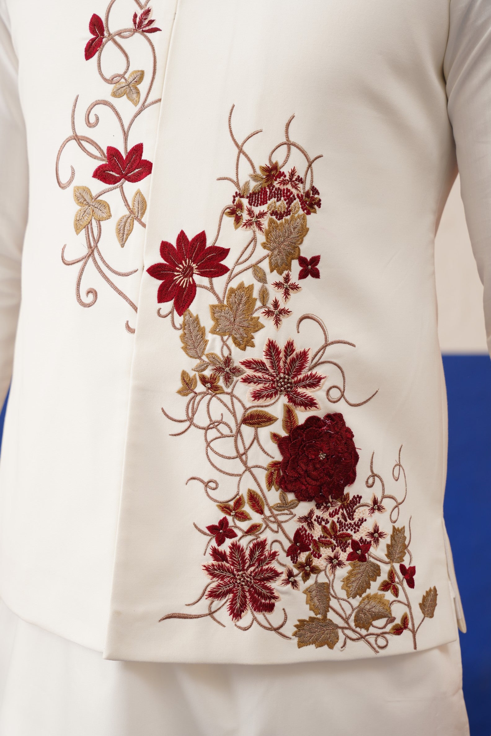 White Cotton Embroidered Jacket Kurta Set