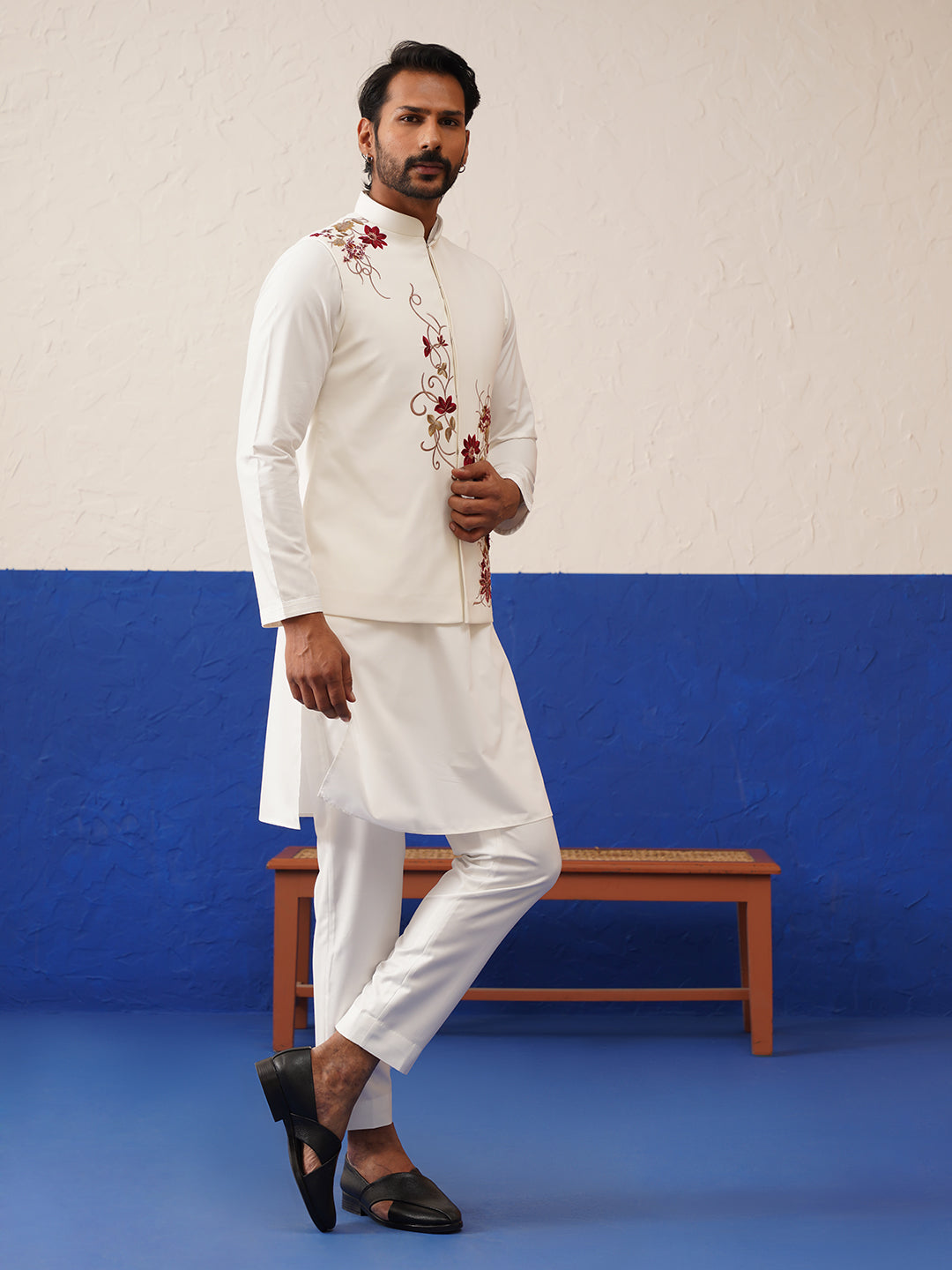 White Cotton Embroidered Jacket Kurta Set